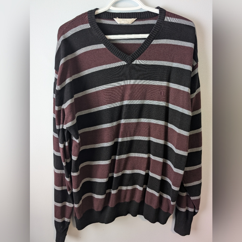 Bill Blass Men's V-Neck Sweater - Black, Gray, and Maroon Purple Stripes